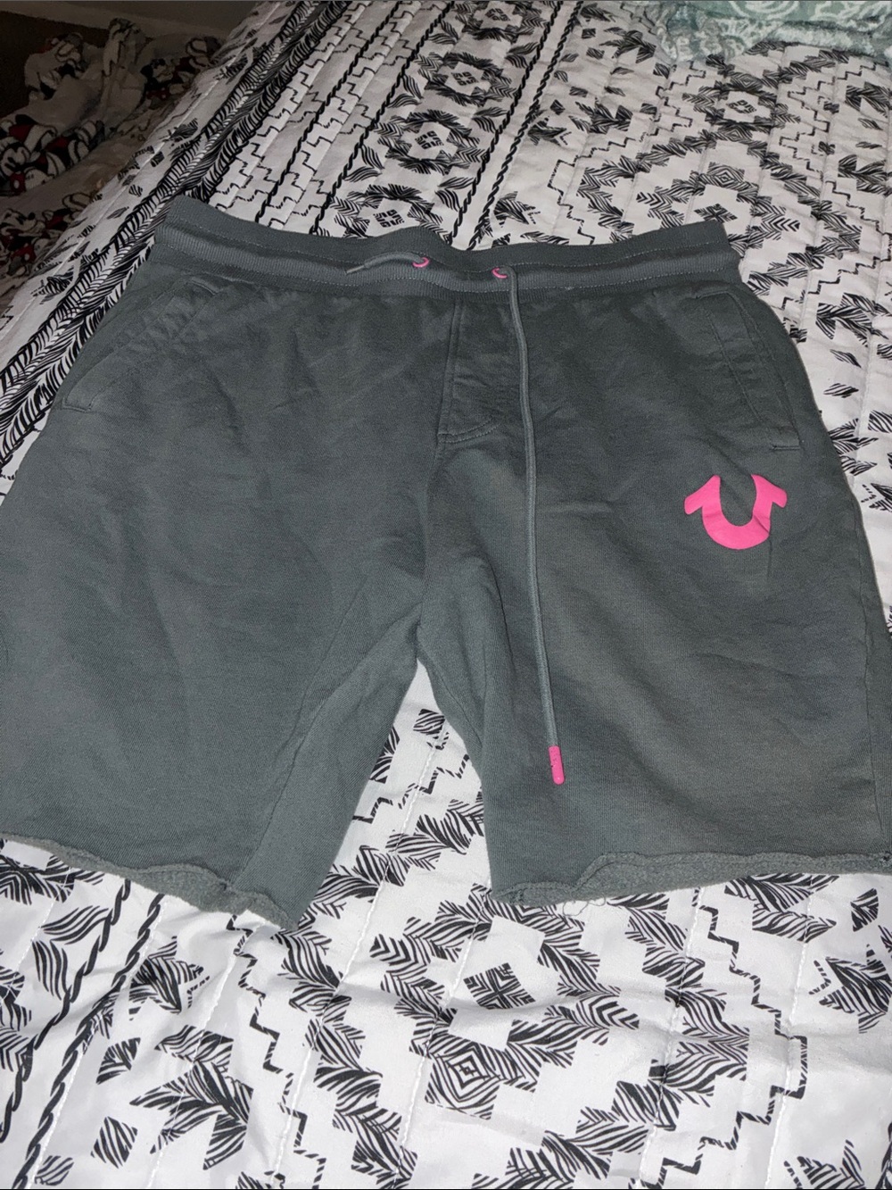 True Religion Men's Charcoal Shorts with Pink Logo Accents no flaws never wore